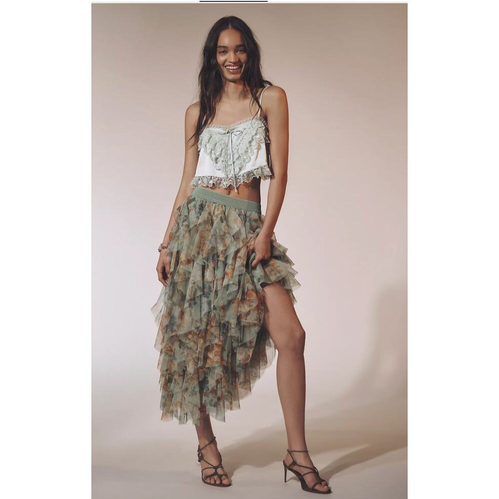 Anthropologie Chéri Ruffled Tulle Midi Skirt XXS NWT Balletcore Floral Tiered